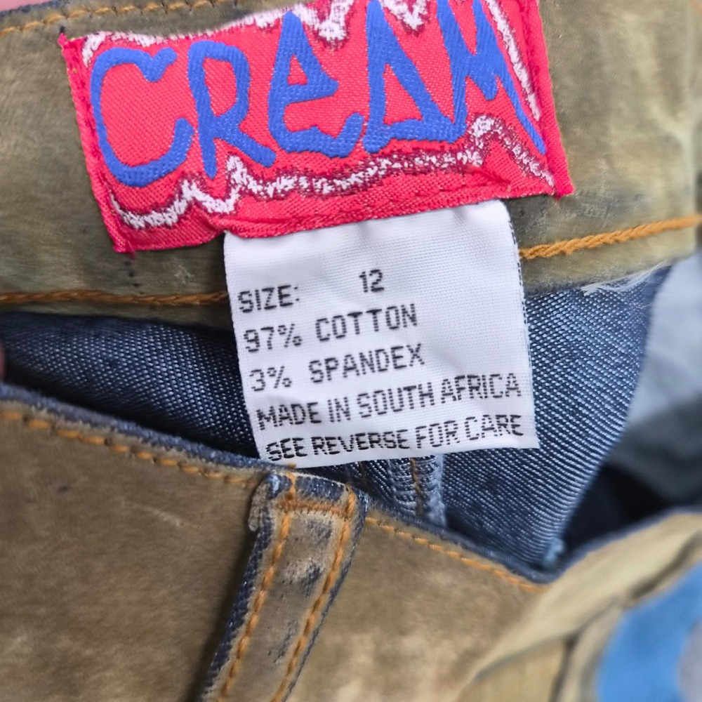 Cream Vintage Checkerboard Patchwork Flared Jeans Blue Olive Green Women Size 12 - Picture 3 of 7